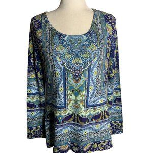 One World Long Sleeve Swing Top S Blue Floral Knit Sublimation Round Neck